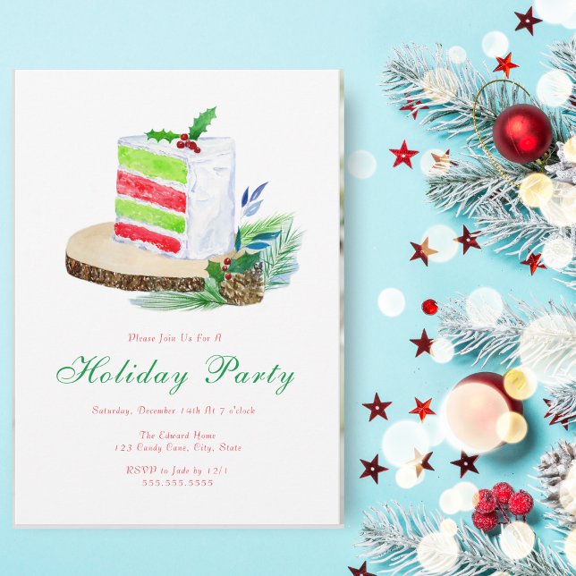 Convite Bolo De Inverno Feriado Por Aquarelas Com Holly (This lovely Christmas Holiday layered cake makes a wonderful center piece for a party invitation.)