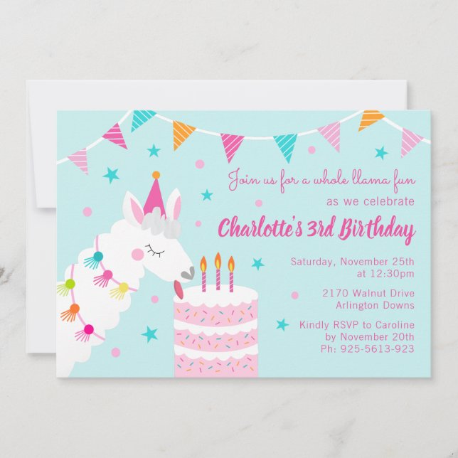 Convite Bolo de Llama inteiro aniversário de 3 anos Aqua (Frente)