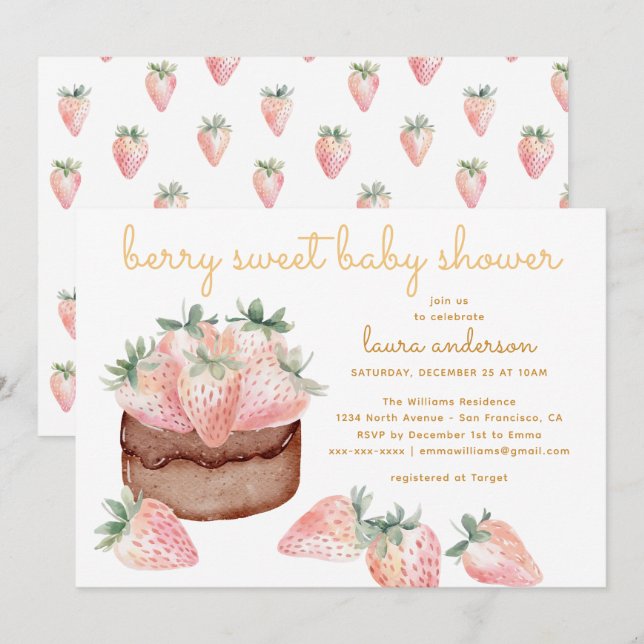 Convite Bolo de Morango com Aquarela Festa de Bebê Doce de (Frente/Verso)