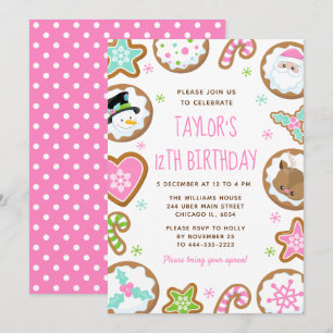 Convite Bolo de Natal Festa de Aniversário Rosa e Verde