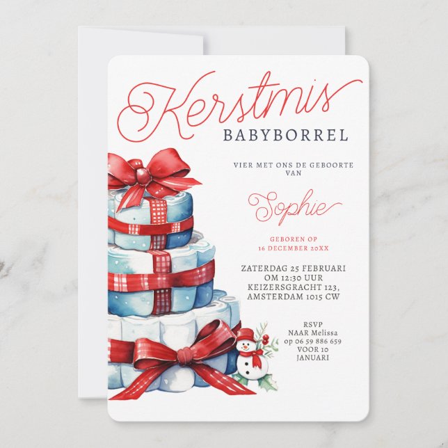 Convite Bolo de Natal para Bebê Vermelho Azul  (Frente)