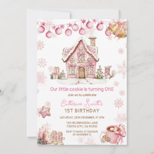 Convite Bolo de Natal Pequeno Rosa 1º aniversário