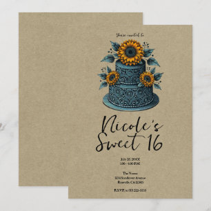 Convite Bolo de Nível Girassol Azul Amarelo Doce Aniversár