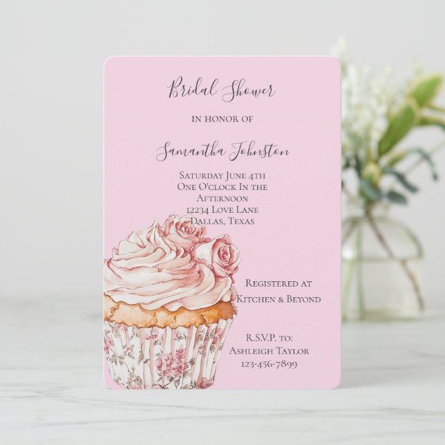 Convite Bolo De Noiva Floral Com Rosas Rosa (Em pé/Frente)