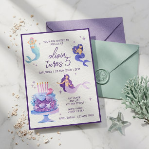 Convite Bolo de Sereia Glitter Roxo Aniversário Sob o Mar