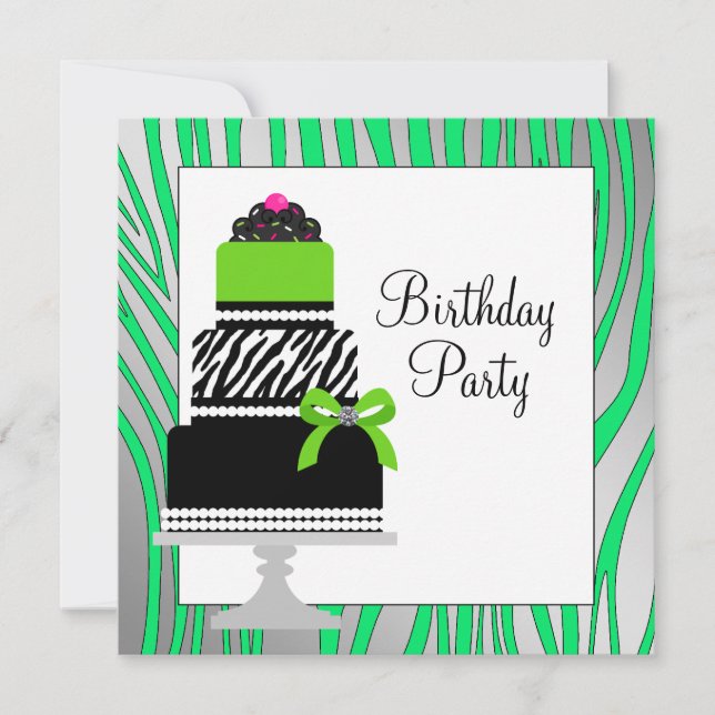 Convite Bolo de Zebra Verde Lima Cupcake Aniversário Festa (Frente)