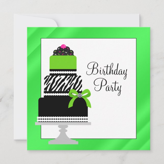 Convite Bolo de Zebra Verde Lima Cupcake Aniversário Festa (Frente)