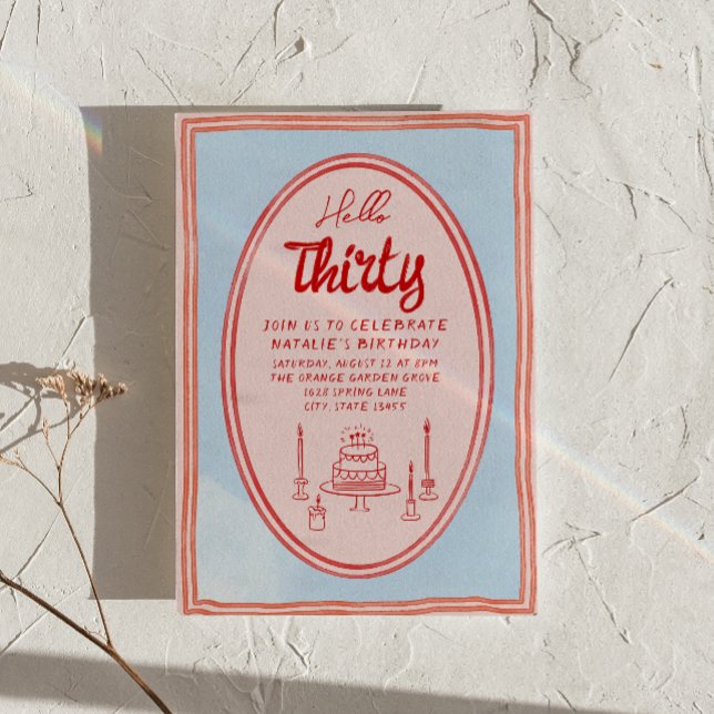 Convite Bolo Desenhado em 30 Escrito na Mão Quirky Retro B (Criador carregado)