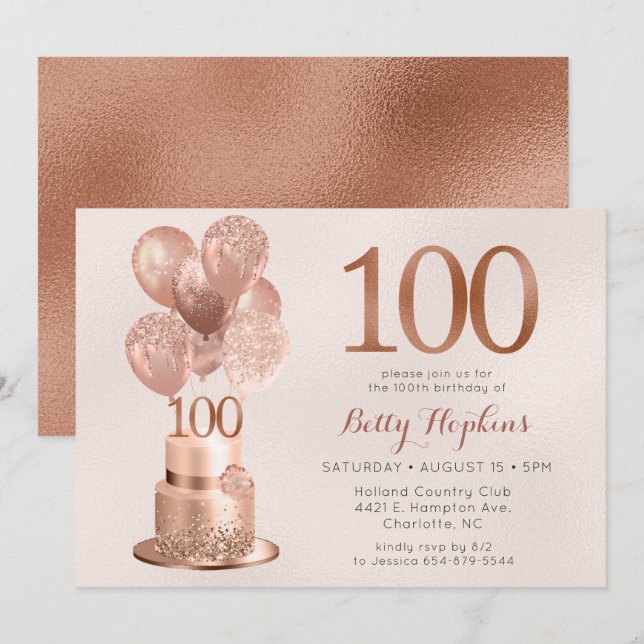 Convite Bolo Dourado Rosa de 100 Anos de Idade (Frente/Verso)