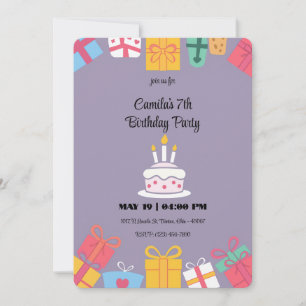 Convite Bolo e Presentes Coloridos de Aniversário