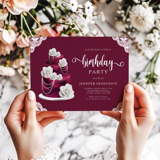Convite Bolo Floral Burgundy Elegante Aniversário (Elegant Burgundy Floral Cake Birthday Invitation )