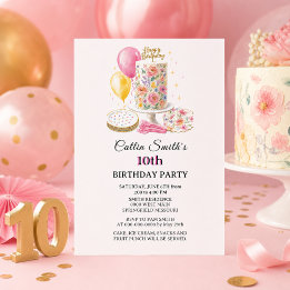 Convite Bolo Floral Doce 10º Aniversário Meninas Dez Crian