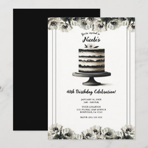 Convite Bolo Floral Preto e Branco de Anêmona Festa de Ani