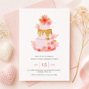 Convite Bolo Floral Rosa Doce Aniversário Menina Bebê