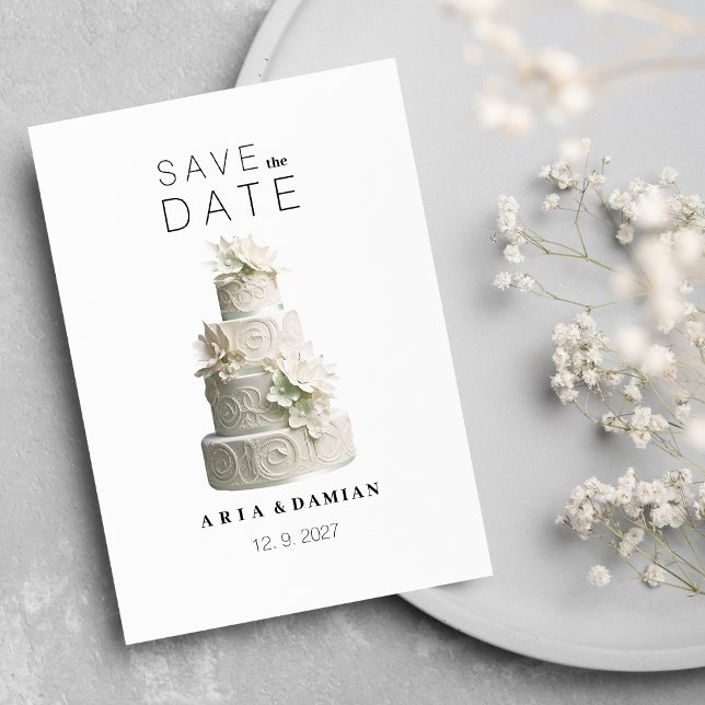 Convite Bolo floral verde de menta branca elegante Guardar (Elegant white mint green floral cake Save the Date)