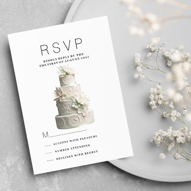 Convite Bolo floral verde de menta branca Elegante RSVP (Elegant white mint green floral cake RSVP)