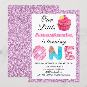 Convite Bolo Pequeno Rosa Lilás Brilho 1º Aniversário Um