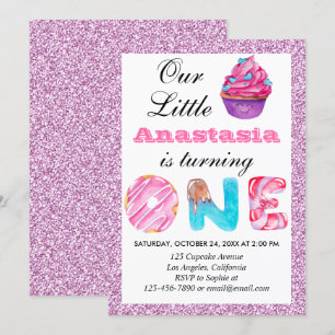 Convite Bolo Pequeno Rosa Lilás Brilho 1º Aniversário Um