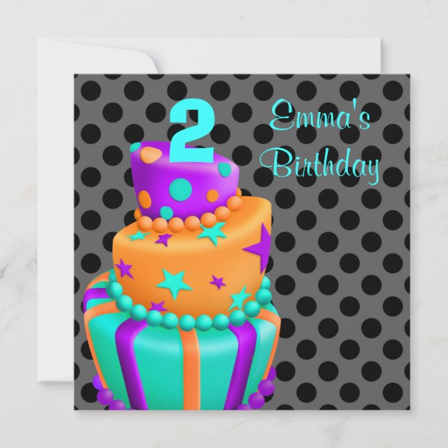 Convite Bolo preto roxo apresenta segundo aniversário para (Frente)