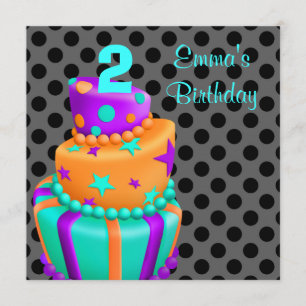 Convite Bolo preto roxo apresenta segundo aniversário para