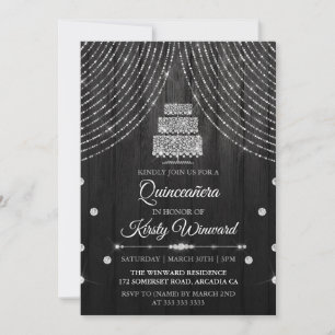 Convite Bolo Quinceanera Diamante Preto Prata