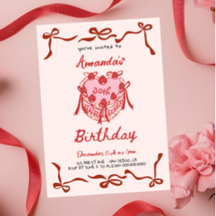 Convite Bolo Retrô Rosa e Laço Vermelho Coquette Aniversár
