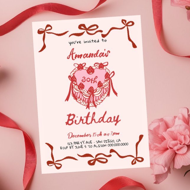 Convite Bolo Retrô Rosa e Laço Vermelho Coquette Aniversár (Criador carregado)
