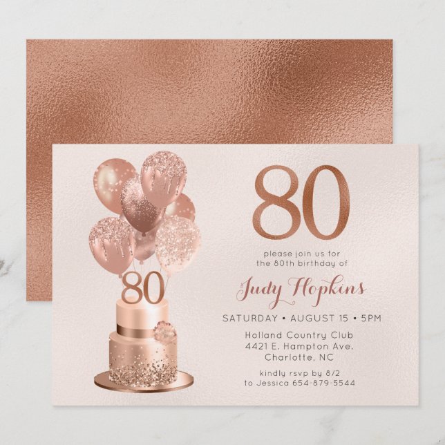 Convite Bolo Rosa Dourado de 80 Anos de Idade (Frente/Verso)
