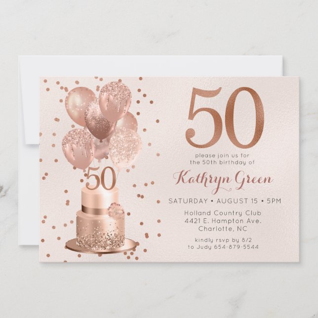 Convite Bolo Rose Gold Aniversário de 50 anos (Frente)