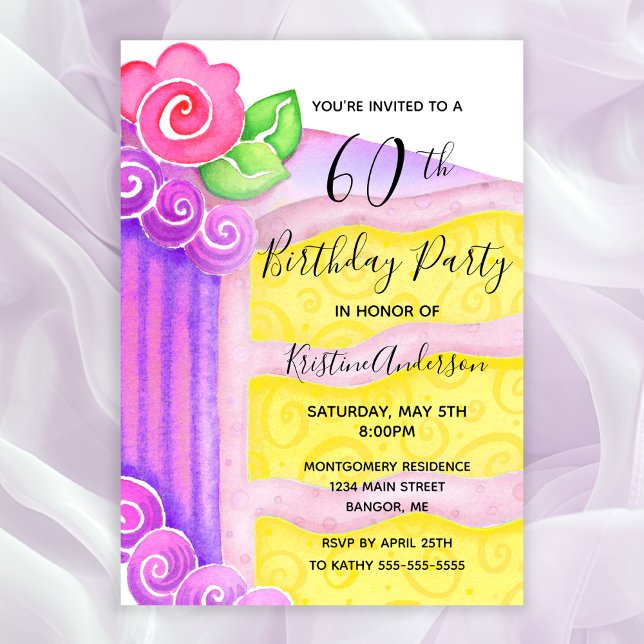 Convite Bolo roxo rosa - Festa de aniversário 60ª Floral (60th Birthday Party Invitation for women with a piece of cake decorated with pink frosting and roses)