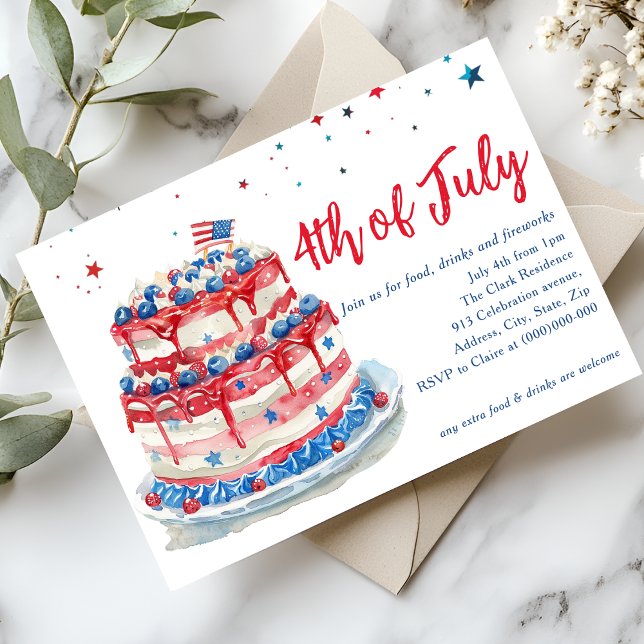 Convite Bolo vermelho branco azul 4 de julho (Criador carregado)