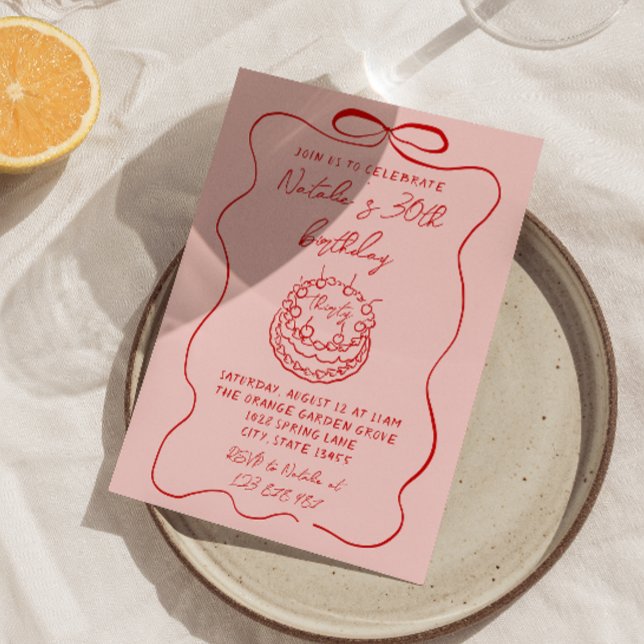 Convite Bolo Vermelho Cor-de-Rosa Desenhado, Quirky Único  (Criador carregado)