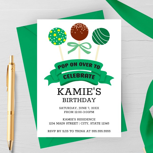 Convite Bolos Verdes em Forma de Pirulito Aniversário (Green Cake Pops Birthday Party Invitation)