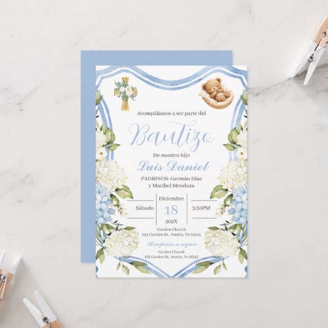 Convite Bolsa azul de batismo (Frente/Verso In Situ)
