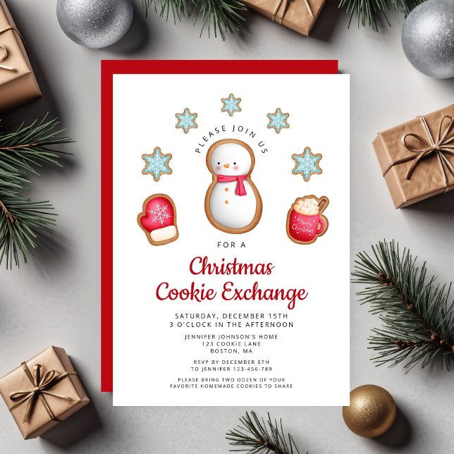 Convite Bolsa de Biscoito de Natal do Bonito Red Snowman (Cute Red Snowman Christmas Cookie Exchange Invitation)