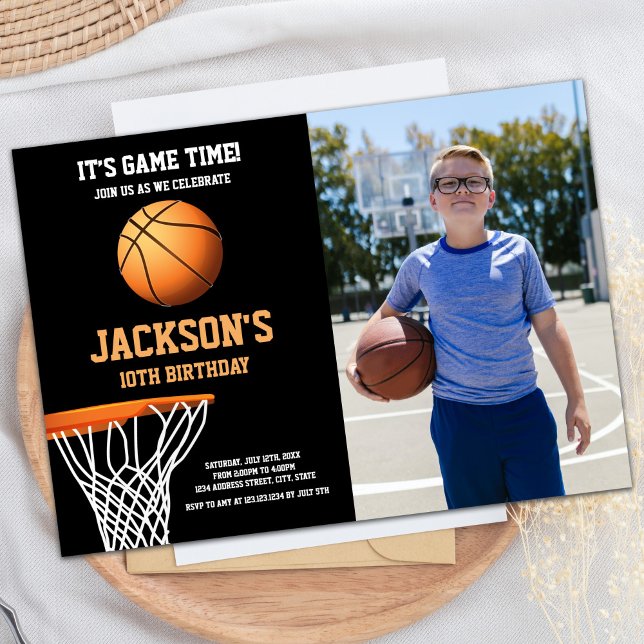 Convite Bolsa de Bola de Basquete de Foto para Bola de Bas (Basket Photo Basketball Ball Birthday Invitations)