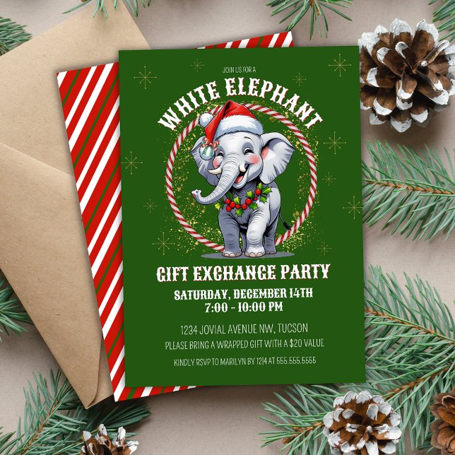 Convite Bolsa de Presentes Brancos de Elefante de Feriado  (Festive green and red cute white elephant Christmas gift exchange party invitations for work church)