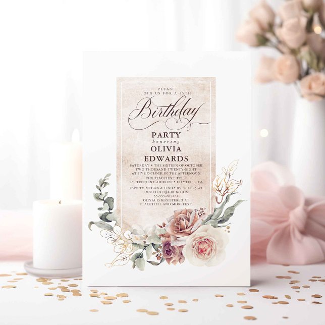 Convite Bolsa mensageifesta de aniversario elegante de Boh (Floral Fall Birthday Invitations)