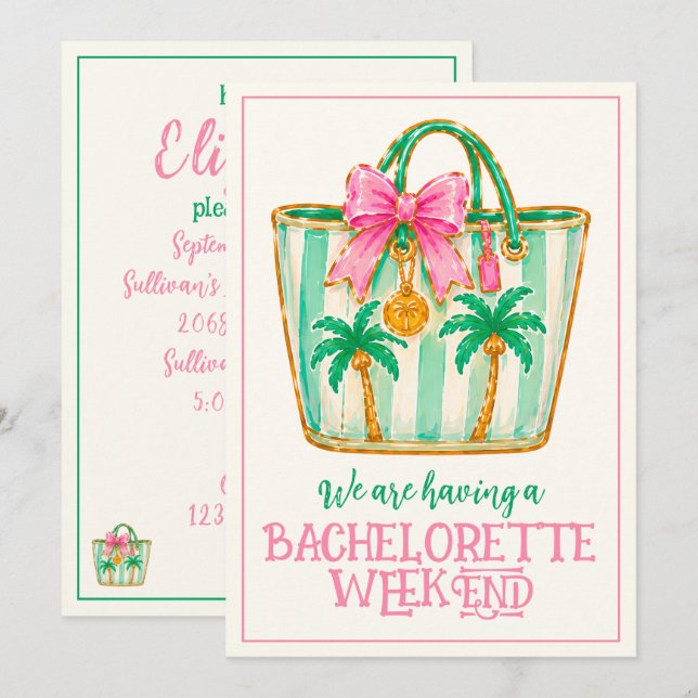 Convite Bolsa Preppy Rosa e Verde de Palm Beach (Frente/Verso)