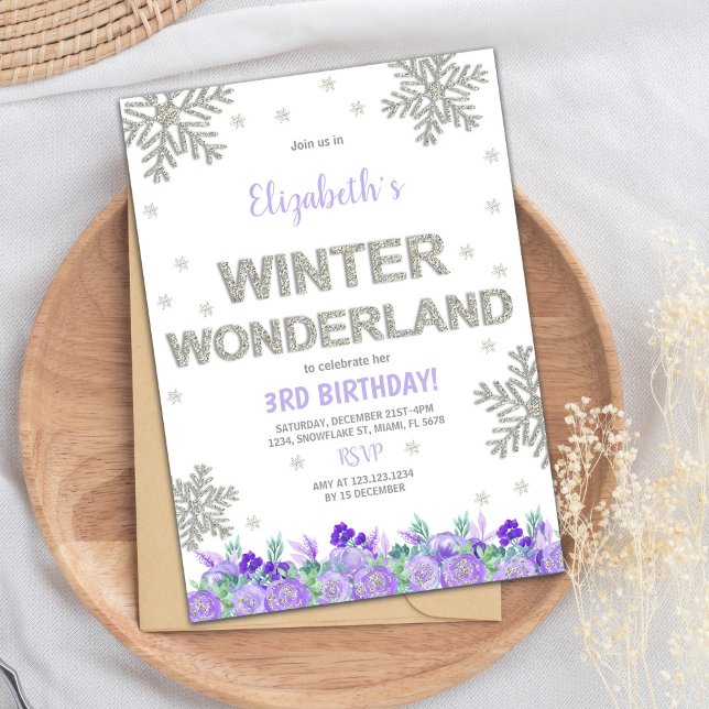 Convite Bolsas de Inverno Purple Floral Wonderland (Purple Floral Winter Wonderland Invitations)