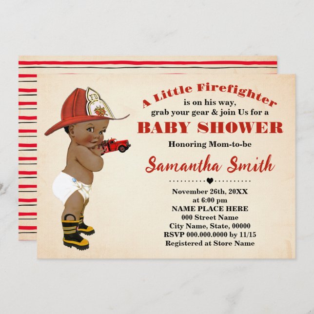 Convite Bombeiro em seu caminho Chá de fraldas Afro-Americ (Frente/Verso)