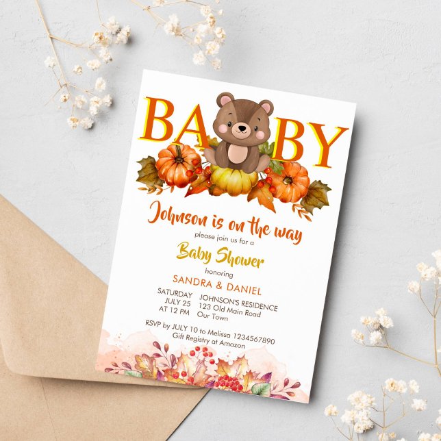 Convite Bombeiros de ursos peludos caem chá de fraldas urs (Pumpkin fall baby shower cute teddy bears and autumn foliage invitations instant download)