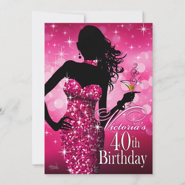 Convite Bombshell Sparkle aniversário de 40 anos | fuschia (Frente)