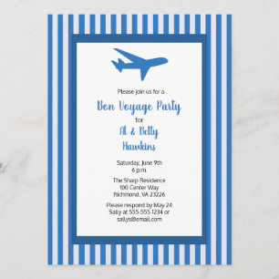 Convite Bon Voyage Party Airplane Casal Blue Stripes