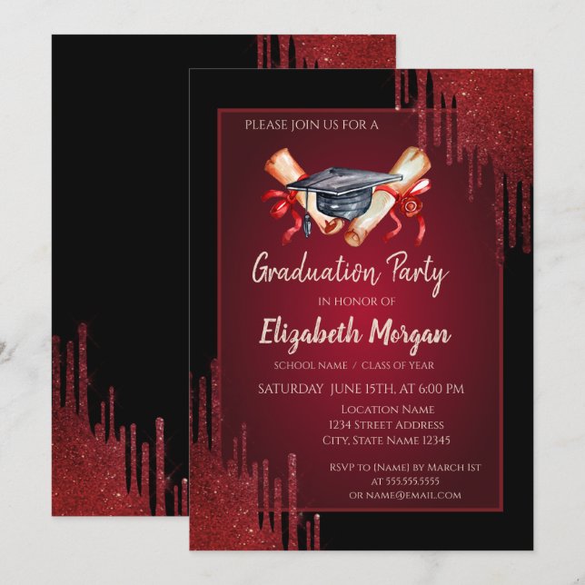 Convite Boné de Formando de Aquarela,Diploma,Graduação de  (Frente/Verso)