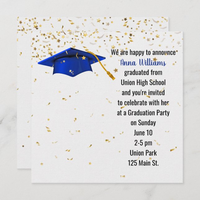 Convite Boné de formatura azul com Confetti Dourado (Frente/Verso)