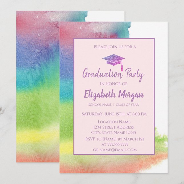 Convite Boné de formatura com brilho,Abertura de Aquarela (Frente/Verso)