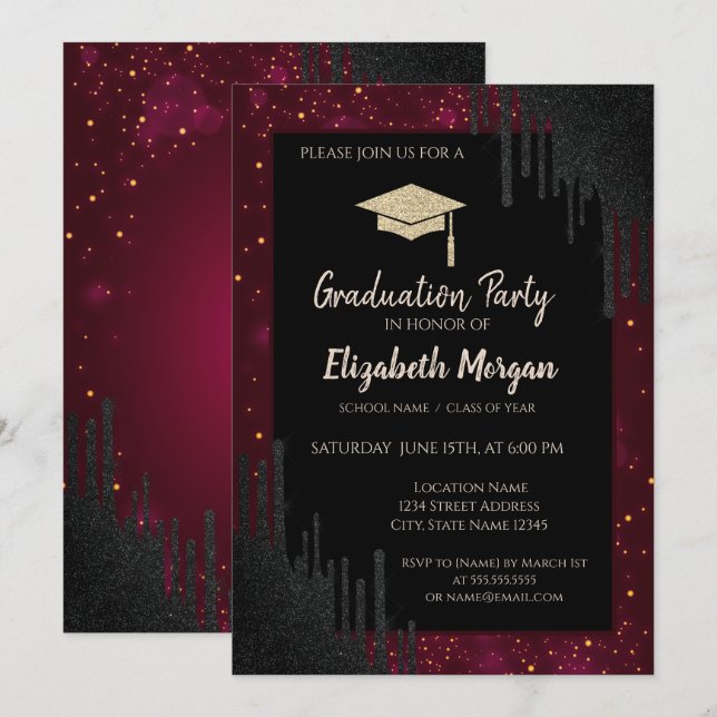 Convite Boné de formatura Com Leve,Confetti Preto Coloca V (Frente/Verso)