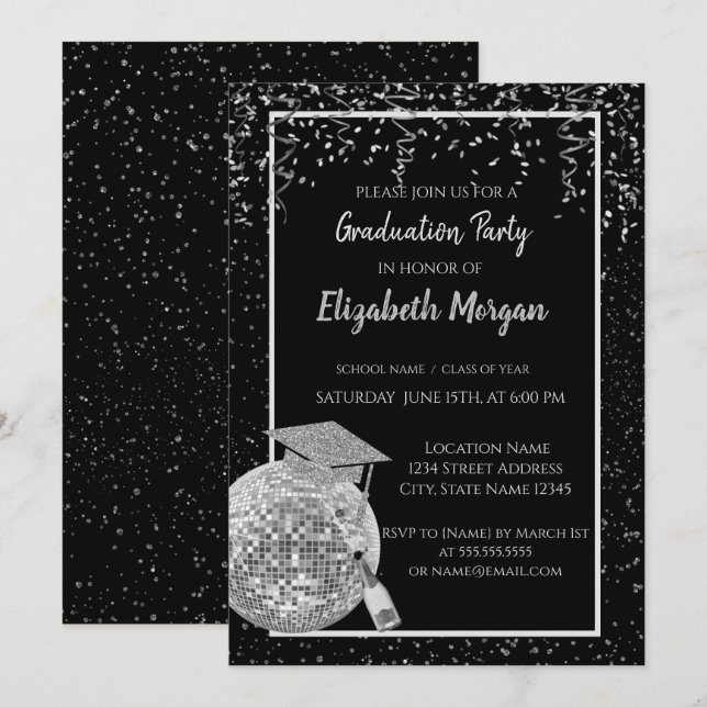 Convite Boné de formatura De Lâmpada De Prata, Confetti De (Frente/Verso)