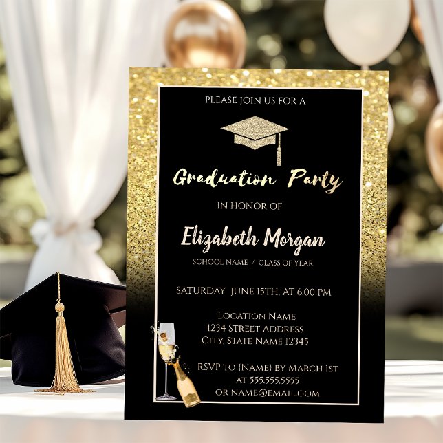 Convite Boné de formatura Dourado, Confetti, Vinho, Vidro (Criador carregado)